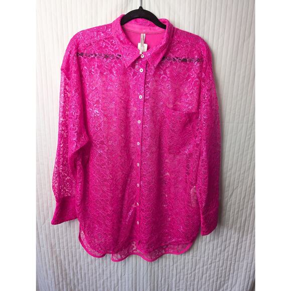 NWT Anthropologie Pink Metalic Lace Blouse XLP - Picture 4 of 10